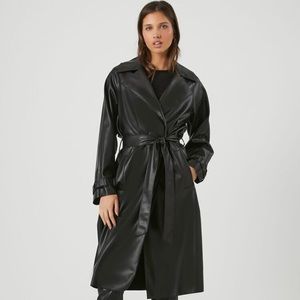 Faux Leather Tie-Waist Trench Coat